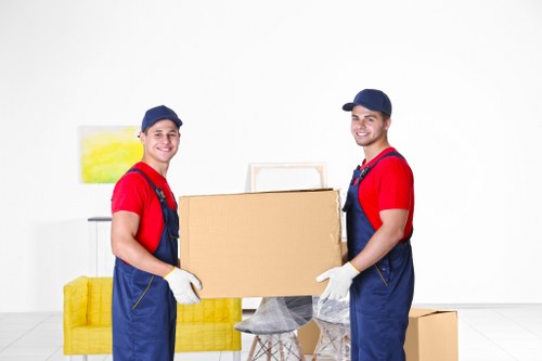 Removal team preparing safely for a move with equipment and boxes