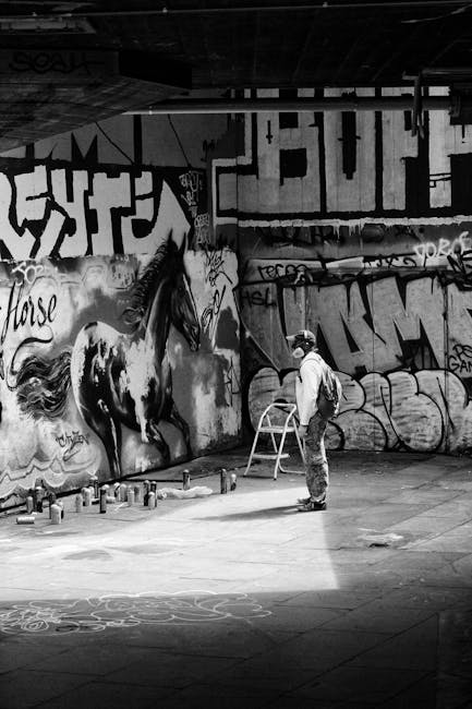A person dressed in casual clothing and a cap is standing inside an urban underpass with a concrete floor, surrounded by graffiti-covered walls featuring various tags and artistic murals, including a prominent black and white horse mural. The individual appears to be observing or preparing for a task, with a small white step ladder nearby. Several spray paint cans are scattered on the ground, suggesting recent or ongoing street art activity. Overhead, the structure is supported by metal beams and pipes, with a mix of natural light and shadow creating a contrast on the scene. The environment is associated with urban art, but in a residential or logistical context, this setting could serve as a staging area for loading furniture and boxes during a home relocation, which aligns with the services offered by Removal Companies Waterloo for house moves and furniture transport.